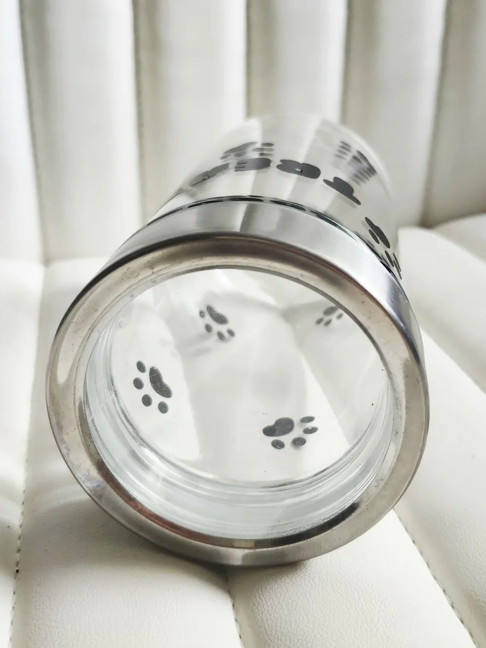 Dog Treat Jar with Silver Lid - Clear Glass Black Paw Print Design